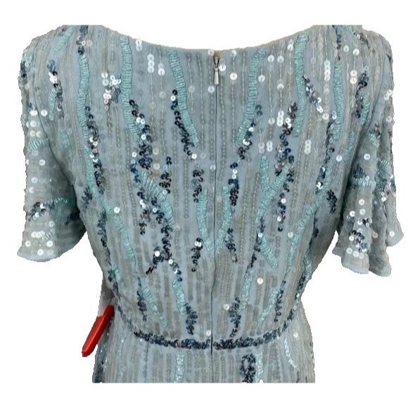 MAC DUGGAL 93591 SEQUINED V-NECK FLUTTER SLEEVE TEA LENGTH POWDER BULE GOWN 18 - Picture 5 of 9